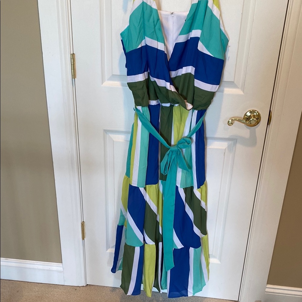 Ashley Stewart Blue Teal Olive Striped Maxi Dress